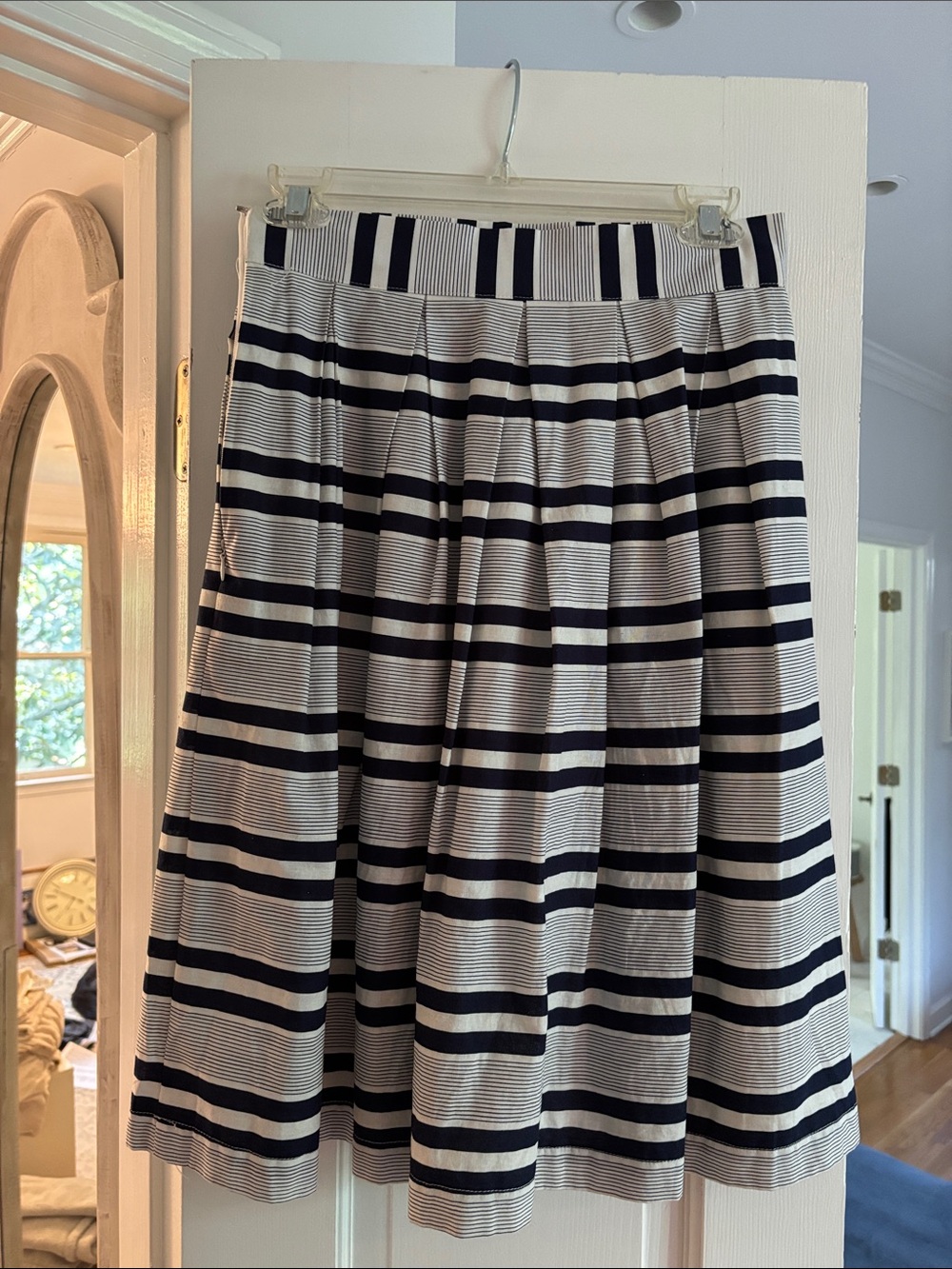 Striped Navy and White A-Line Pleated Skirt
